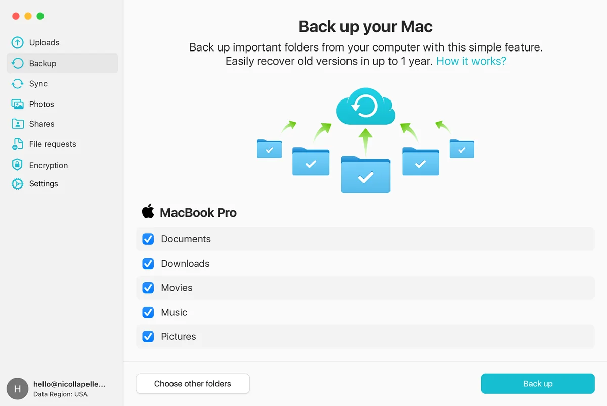 pCloud’s Mac backup panel with Documents, Downloads, Movies, Pictures and Music folders.